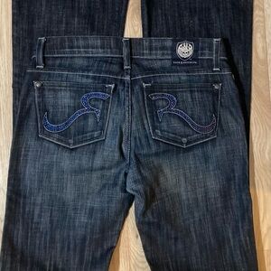 Rock & Republic women’s sz 26 wide flare bottom denim blue jeans rhinestone